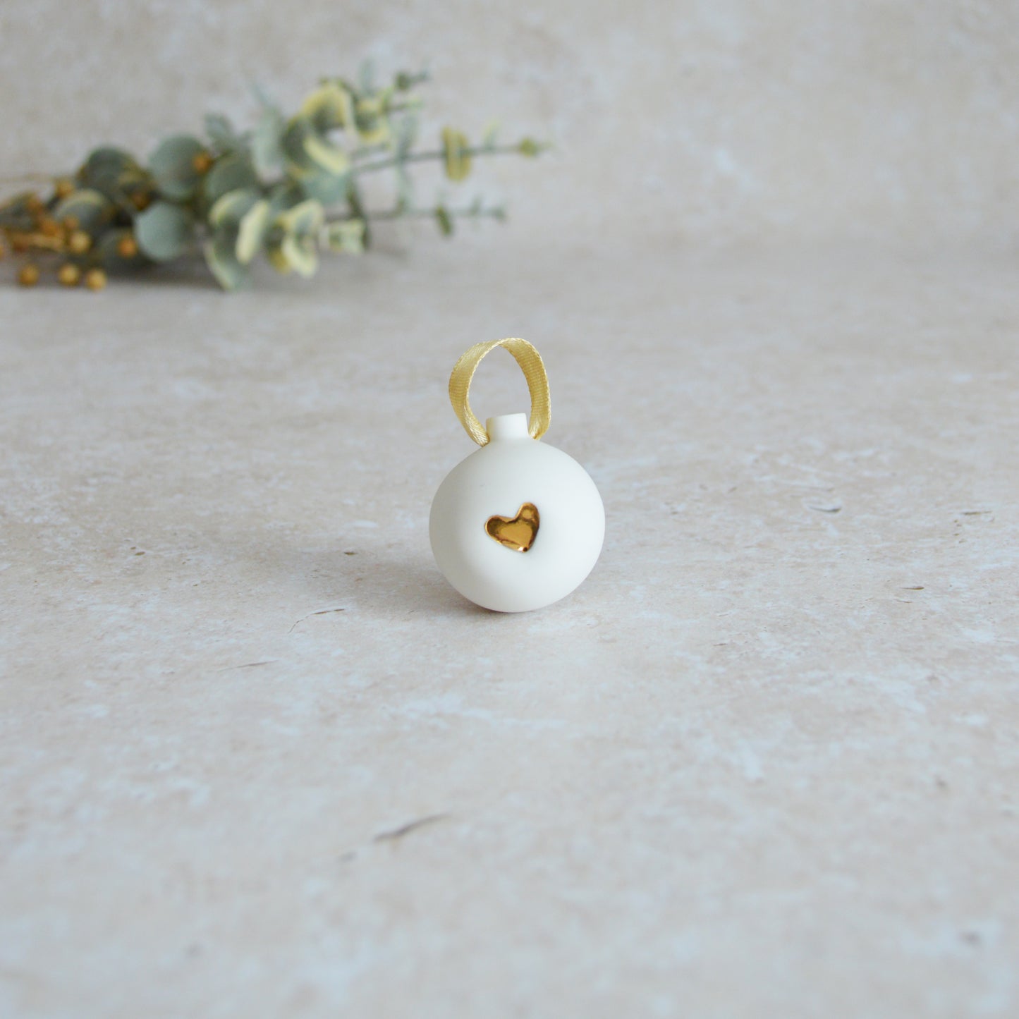 Seconds* Sample* Mini Porcelain Bauble With A Gold Heart | Porcelain | Hanging Christmas Decorations | Christmas Tree Decor (B91)