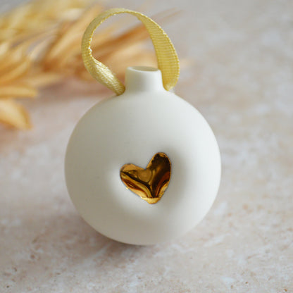 Seconds* Sample* Mini Porcelain Bauble With A Gold Heart | Porcelain | Hanging Christmas Decorations | Christmas Tree Decor (B93)