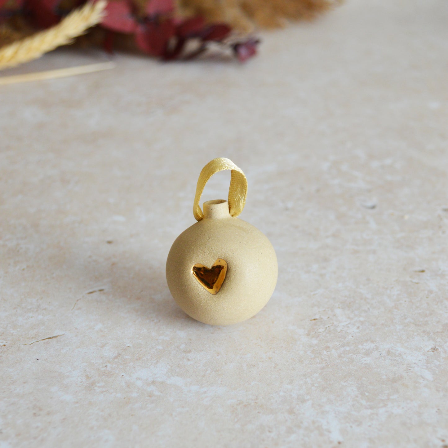 Seconds* BROWN Mini Pastel Bauble With A Gold Heart | Stoneware | Hanging Christmas Decorations | Christmas Tree Decor (B94)