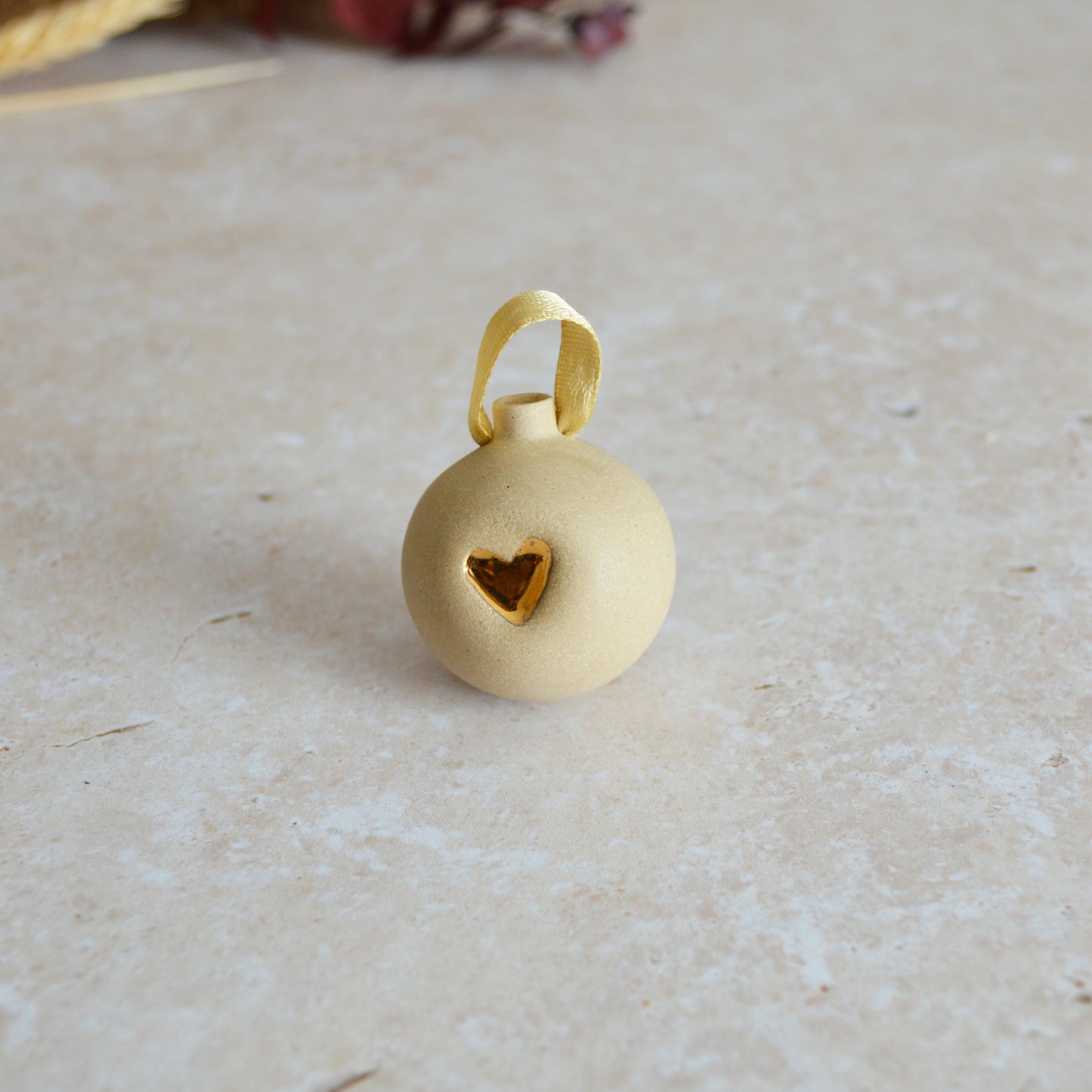 Seconds* BROWN Mini Pastel Bauble With A Gold Heart | Stoneware | Hanging Christmas Decorations | Christmas Tree Decor (B94)