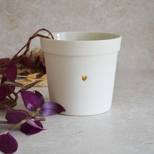 Discontinued* Seconds* Medium Flower Pot With A Gold Heart Made From Porcelain | Plant Pot | White Flower Pot | Porcelain (B95)
