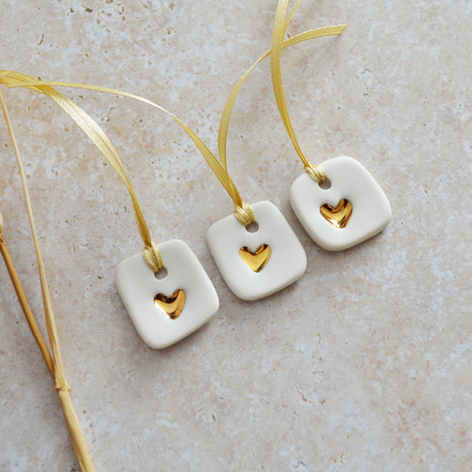 Discontinued* A Set of Three Small Handmade Porcelain Tags Embossed with a Gold Heart | Gift Tags | Heart Decor (B96- SET A)