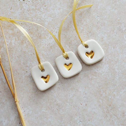 Discontinued* A Set of Three Small Handmade Porcelain Tags Embossed with a Gold Heart | Gift Tags | Heart Decor (B96- SET D)