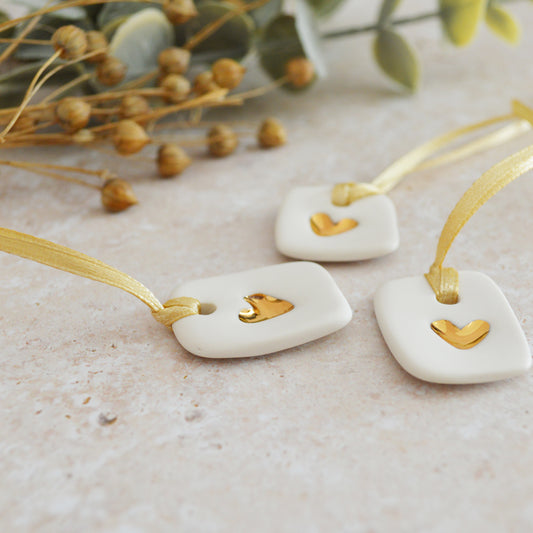Discontinued* A Set of Three Small Handmade Porcelain Tags Embossed with a Gold Heart | Gift Tags | Heart Decor (B96 SET B)