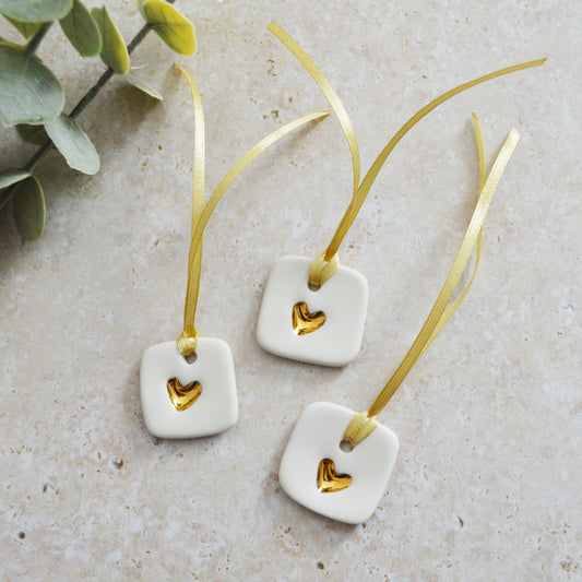 Discontinued* A Set of Three Small Handmade Porcelain Tags Embossed with a Gold Heart | Gift Tags | Heart Decor (B96- SET C)