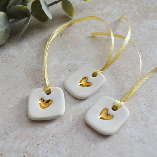 Discontinued* A Set of Three Small Handmade Porcelain Tags Embossed with a Gold Heart | Gift Tags | Heart Decor (B96- SET E)