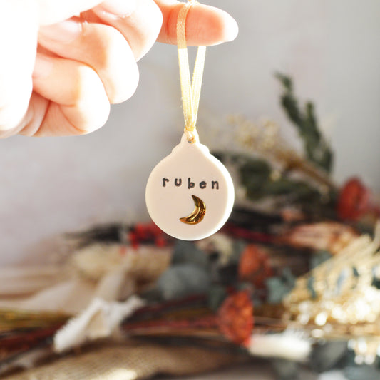 PERSONALISED Mini Flat Bauble Hanging Decoration With A Gold Heart | Porcelain | Hanging Christmas Decorations | Christmas Tree Decor