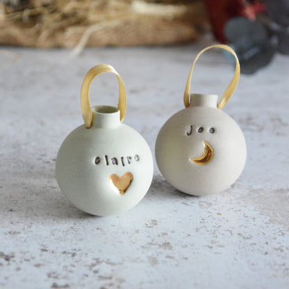 PRE-ORDER PERSONALISED Small Pastel Bauble With A Gold Heart | Stoneware | Hanging Christmas Decorations | Christmas Tree Decor