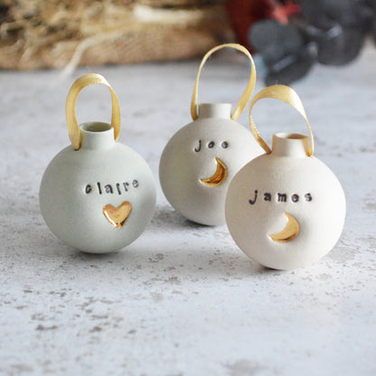 PRE-ORDER PERSONALISED Small Pastel Bauble With A Gold Heart | Stoneware | Hanging Christmas Decorations | Christmas Tree Decor