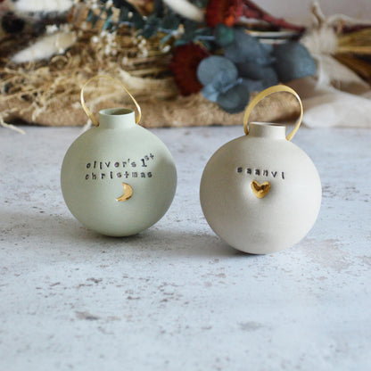 PRE-ORDER PERSONALISED Large Pastel Bauble With A Gold Heart | Stoneware | Hanging Christmas Decorations | Christmas Tree Decor