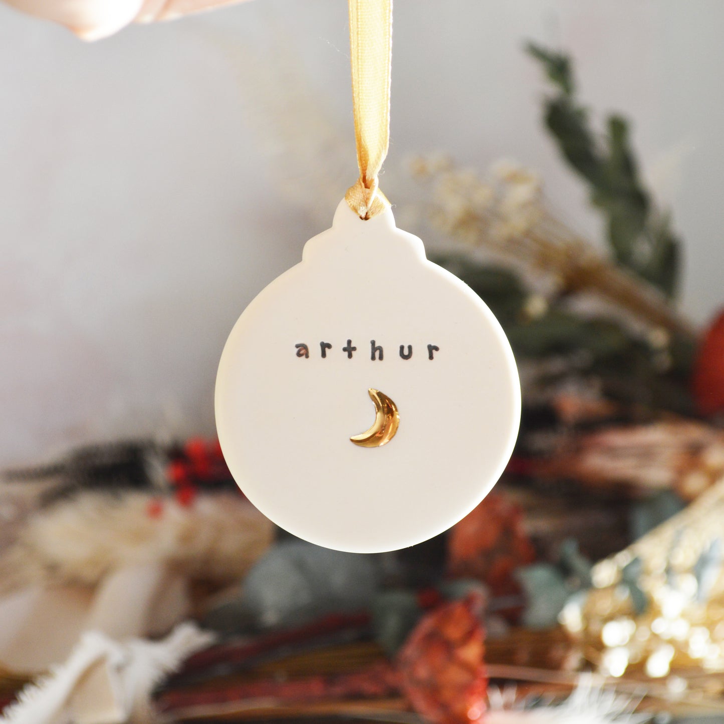 PERSONALISED Flat Bauble Hanging Decoration With A Gold Heart | Porcelain | Hanging Christmas Decorations | Christmas Tree Decor