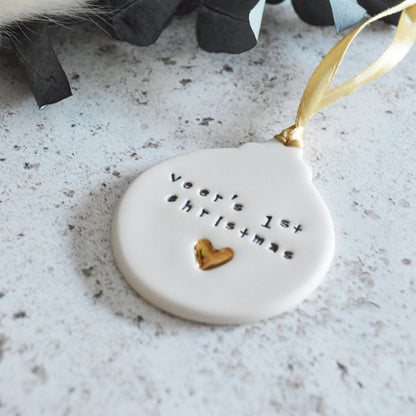 PRE-ORDER PERSONALISED Flat Bauble Hanging Decoration With A Gold Heart | Porcelain | Hanging Christmas Decorations | Christmas Tree Decor
