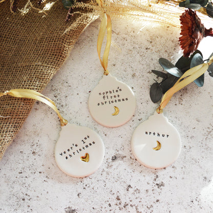 PRE-ORDER PERSONALISED Flat Bauble Hanging Decoration With A Gold Heart | Porcelain | Hanging Christmas Decorations | Christmas Tree Decor