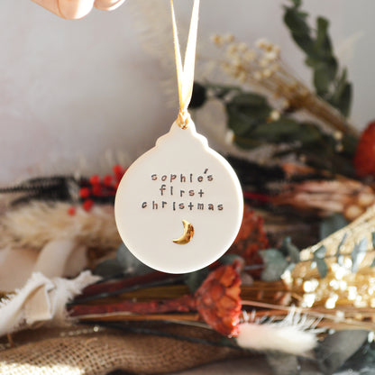 PRE-ORDER PERSONALISED Flat Bauble Hanging Decoration With A Gold Heart | Porcelain | Hanging Christmas Decorations | Christmas Tree Decor