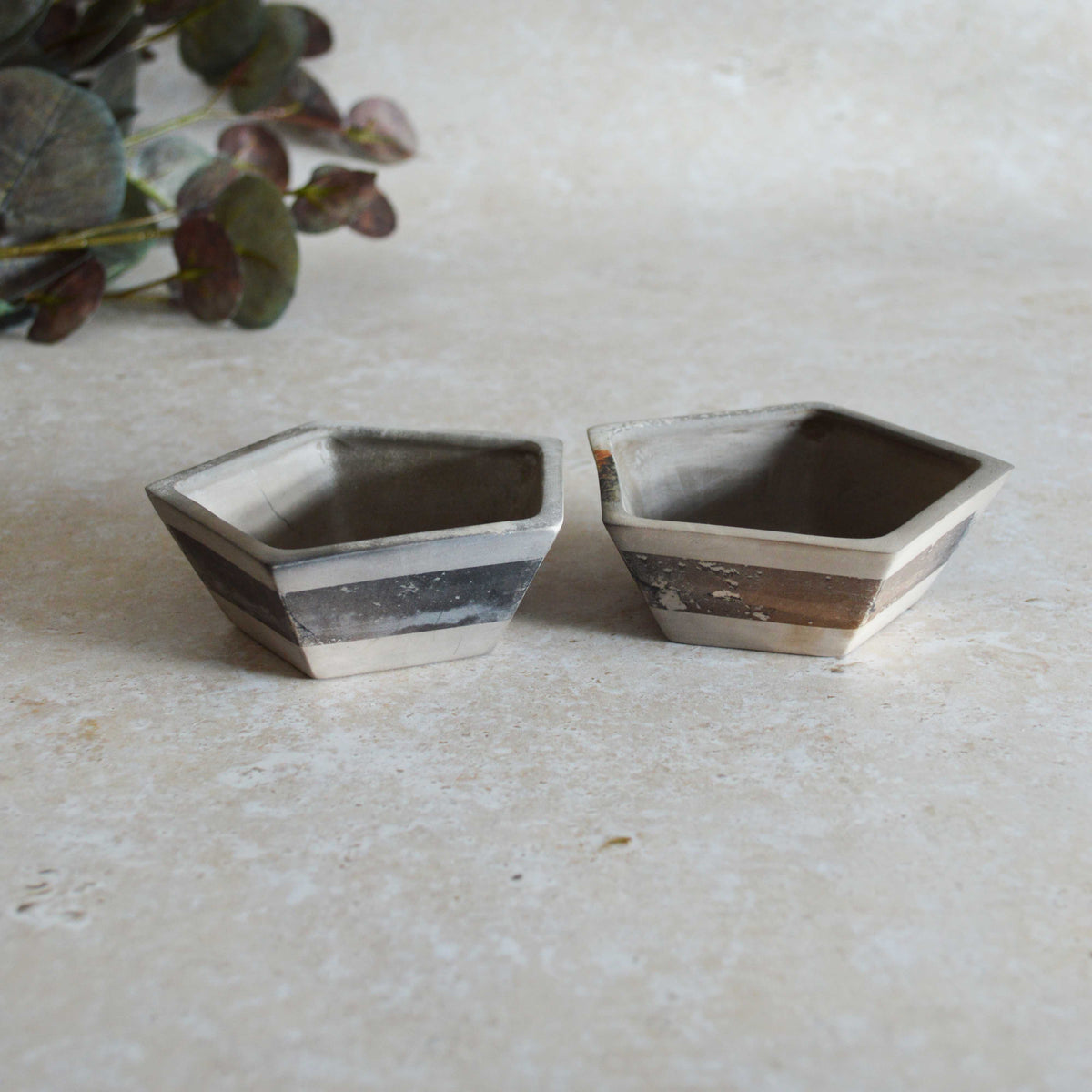 A Pair of Smoke Fired Tea Light Holders with Small Amethyst Crystals | Smoke Fired | Porcelain