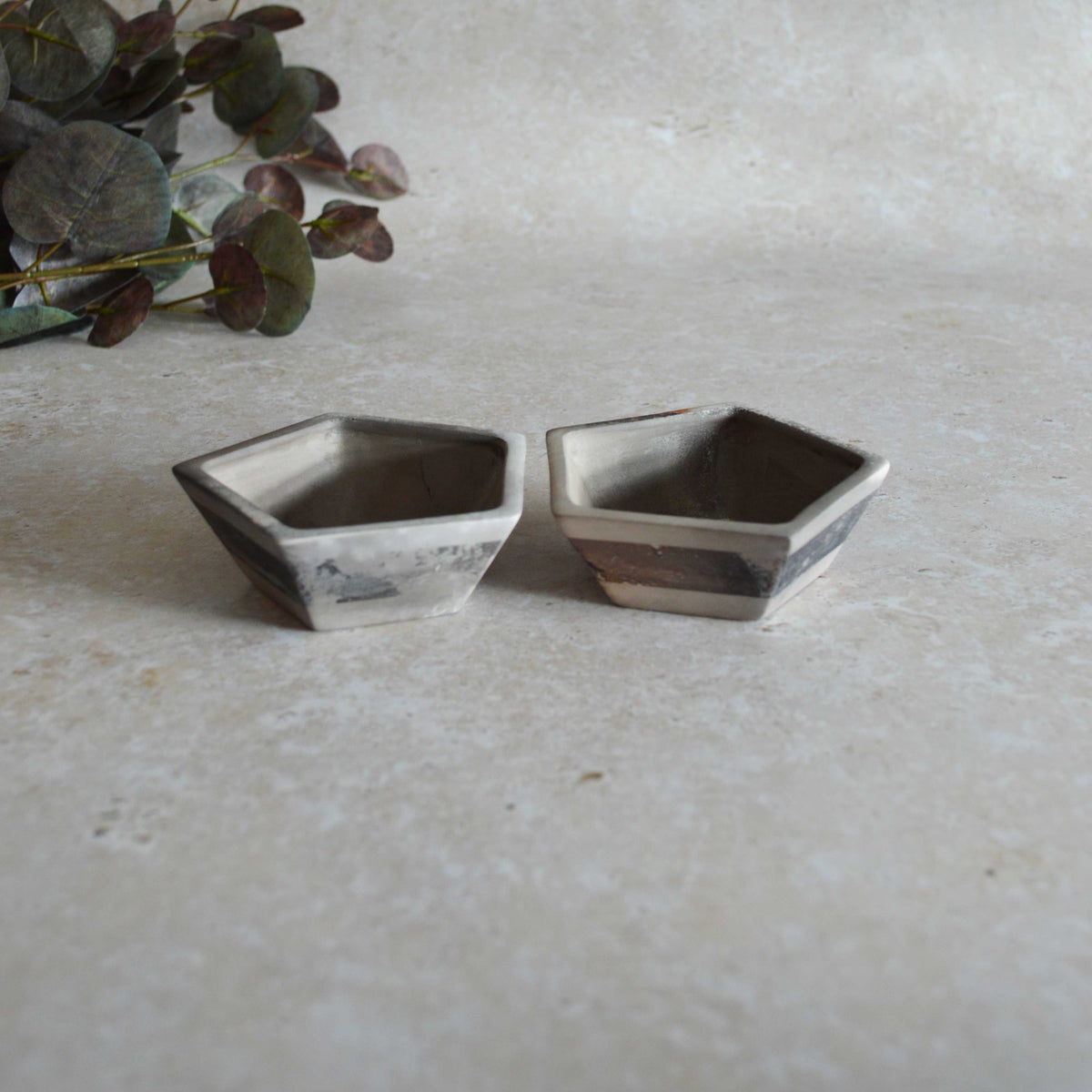 A Pair of Smoke Fired Tea Light Holders with Small Amethyst Crystals | Smoke Fired | Porcelain