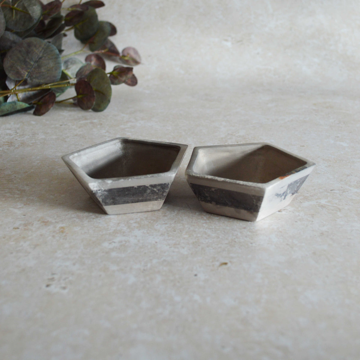 A Pair of Smoke Fired Tea Light Holders with Small Amethyst Crystals | Smoke Fired | Porcelain