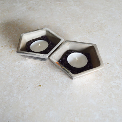 A Pair of Smoke Fired Tea Light Holders with Small Amethyst Crystals | Smoke Fired | Porcelain