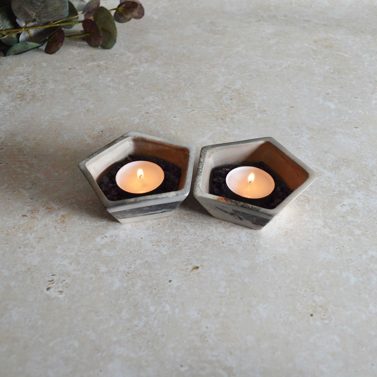 A Pair of Smoke Fired Tea Light Holders with Small Amethyst Crystals | Smoke Fired | Porcelain