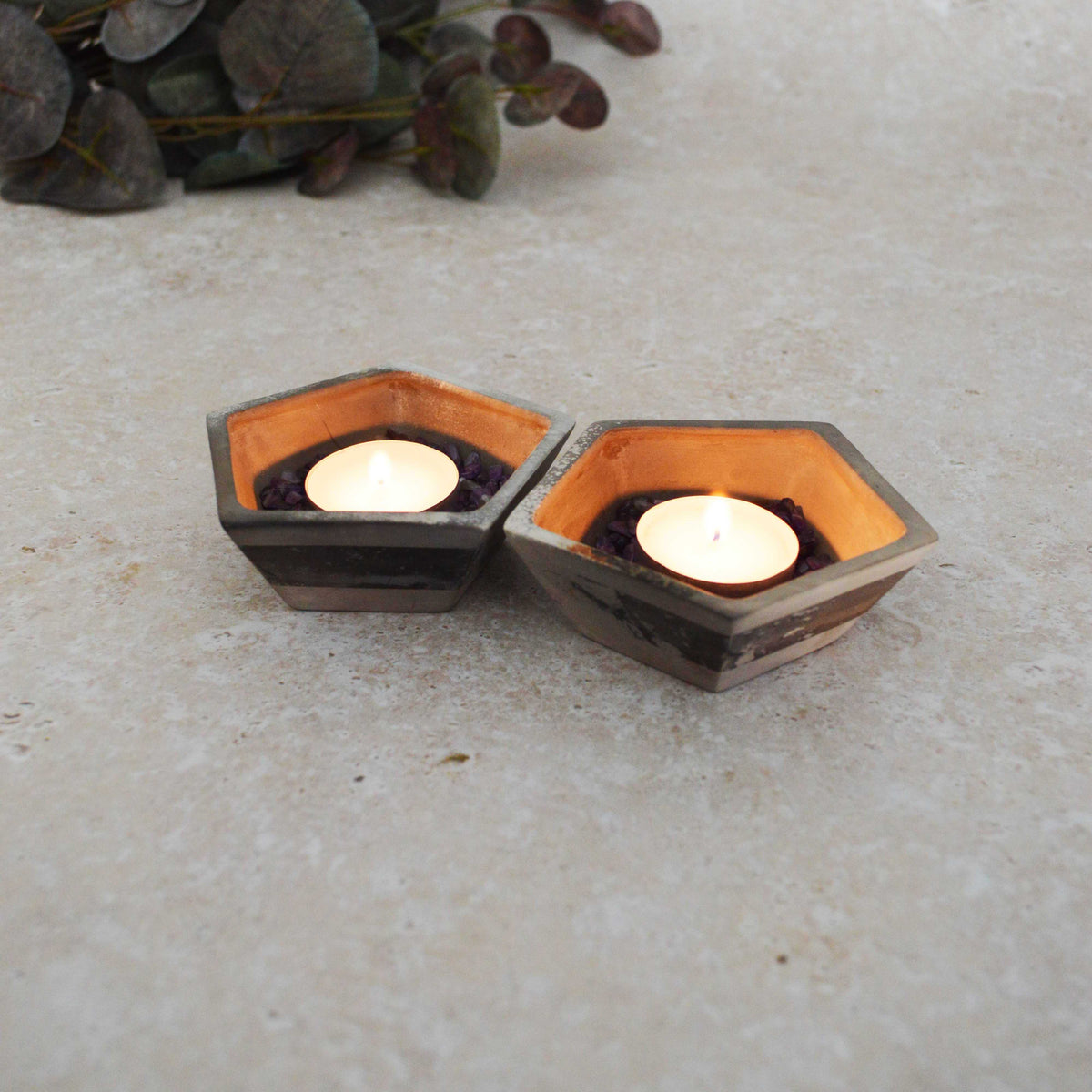 A Pair of Smoke Fired Tea Light Holders with Small Amethyst Crystals | Smoke Fired | Porcelain