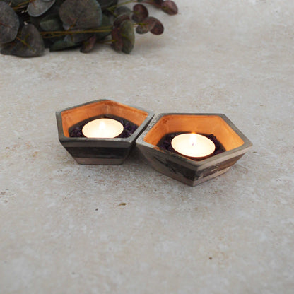 A Pair of Smoke Fired Tea Light Holders with Small Amethyst Crystals | Smoke Fired | Porcelain