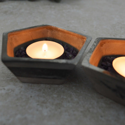 A Pair of Smoke Fired Tea Light Holders with Small Amethyst Crystals | Smoke Fired | Porcelain