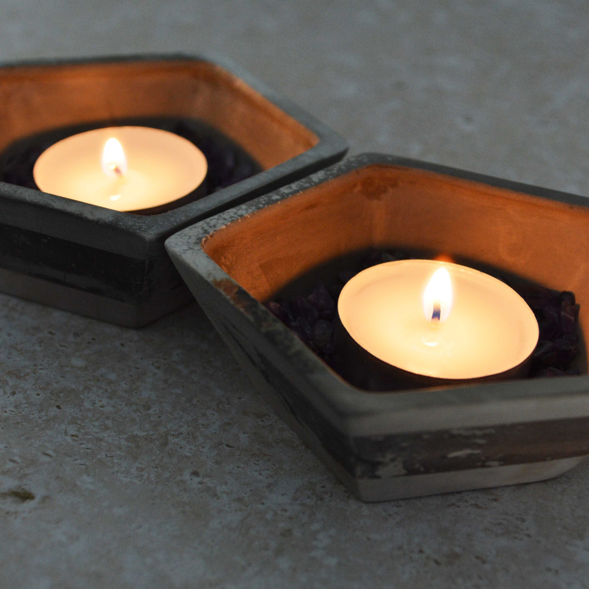 A Pair of Smoke Fired Tea Light Holders with Small Amethyst Crystals | Smoke Fired | Porcelain