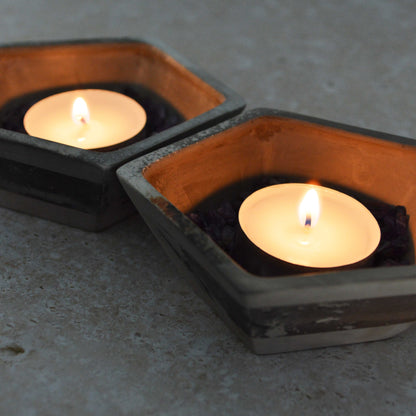 A Pair of Smoke Fired Tea Light Holders with Small Amethyst Crystals | Smoke Fired | Porcelain