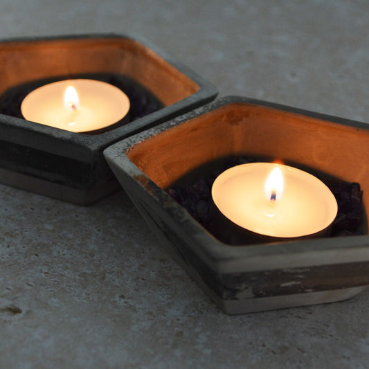 A Pair of Smoke Fired Tea Light Holders with Small Amethyst Crystals | Smoke Fired | Porcelain
