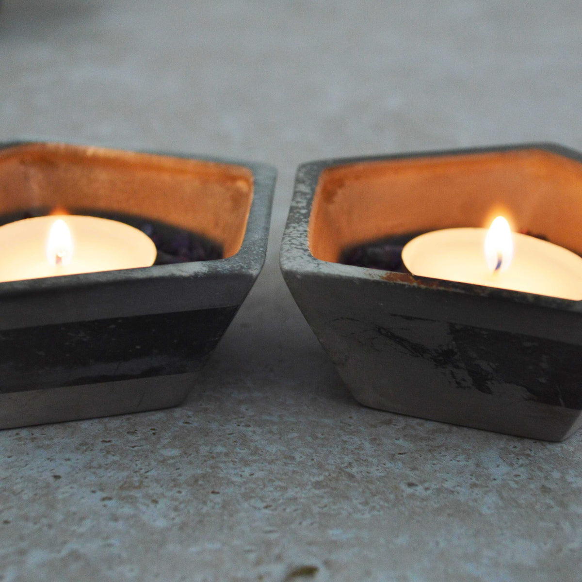 A Pair of Smoke Fired Tea Light Holders with Small Amethyst Crystals | Smoke Fired | Porcelain
