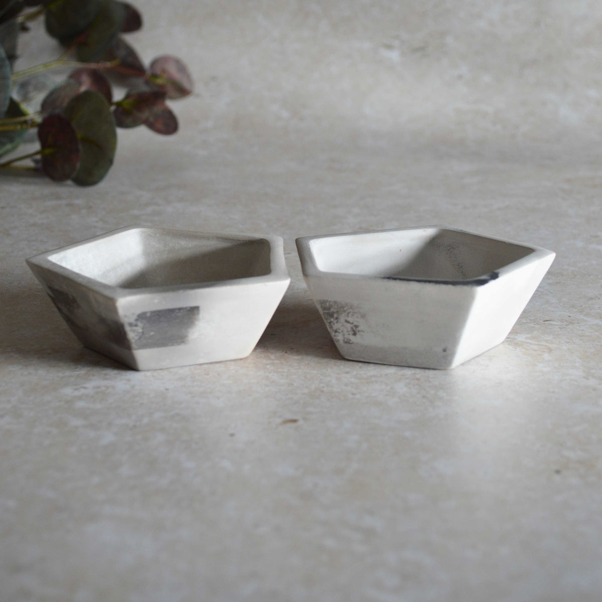 A Pair of Smoke Fired Tea Light Holders with Small Amethyst Crystals | Smoke Fired | Porcelain