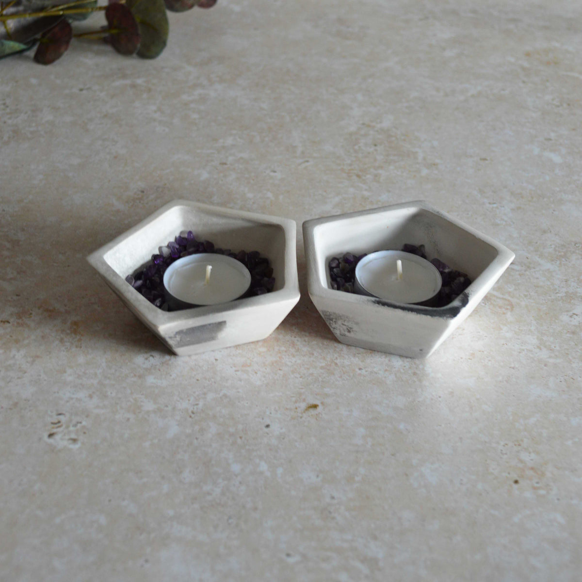 A Pair of Smoke Fired Tea Light Holders with Small Amethyst Crystals | Smoke Fired | Porcelain