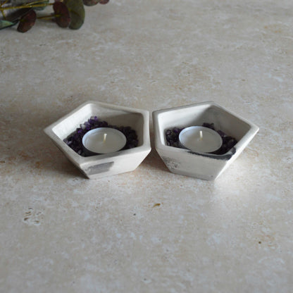 A Pair of Smoke Fired Tea Light Holders with Small Amethyst Crystals | Smoke Fired | Porcelain