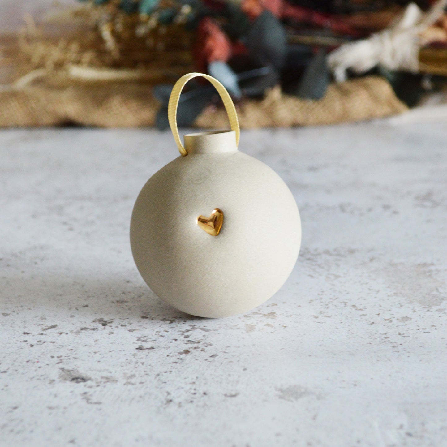 Large Pastel Bauble With A Gold Heart | Stoneware | Hanging Christmas Decorations | Christmas Tree Decor