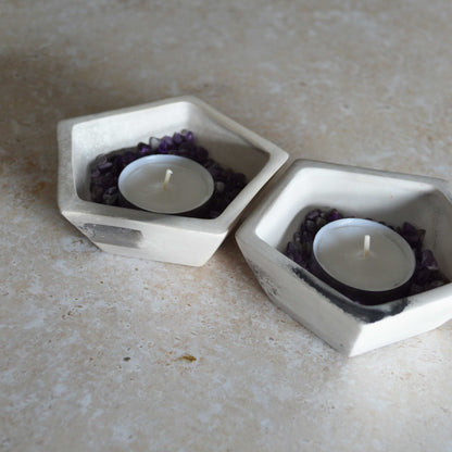 A Pair of Smoke Fired Tea Light Holders with Small Amethyst Crystals | Smoke Fired | Porcelain