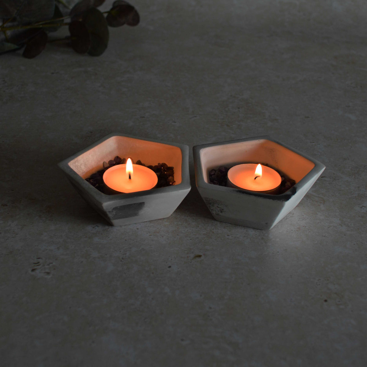A Pair of Smoke Fired Tea Light Holders with Small Amethyst Crystals | Smoke Fired | Porcelain