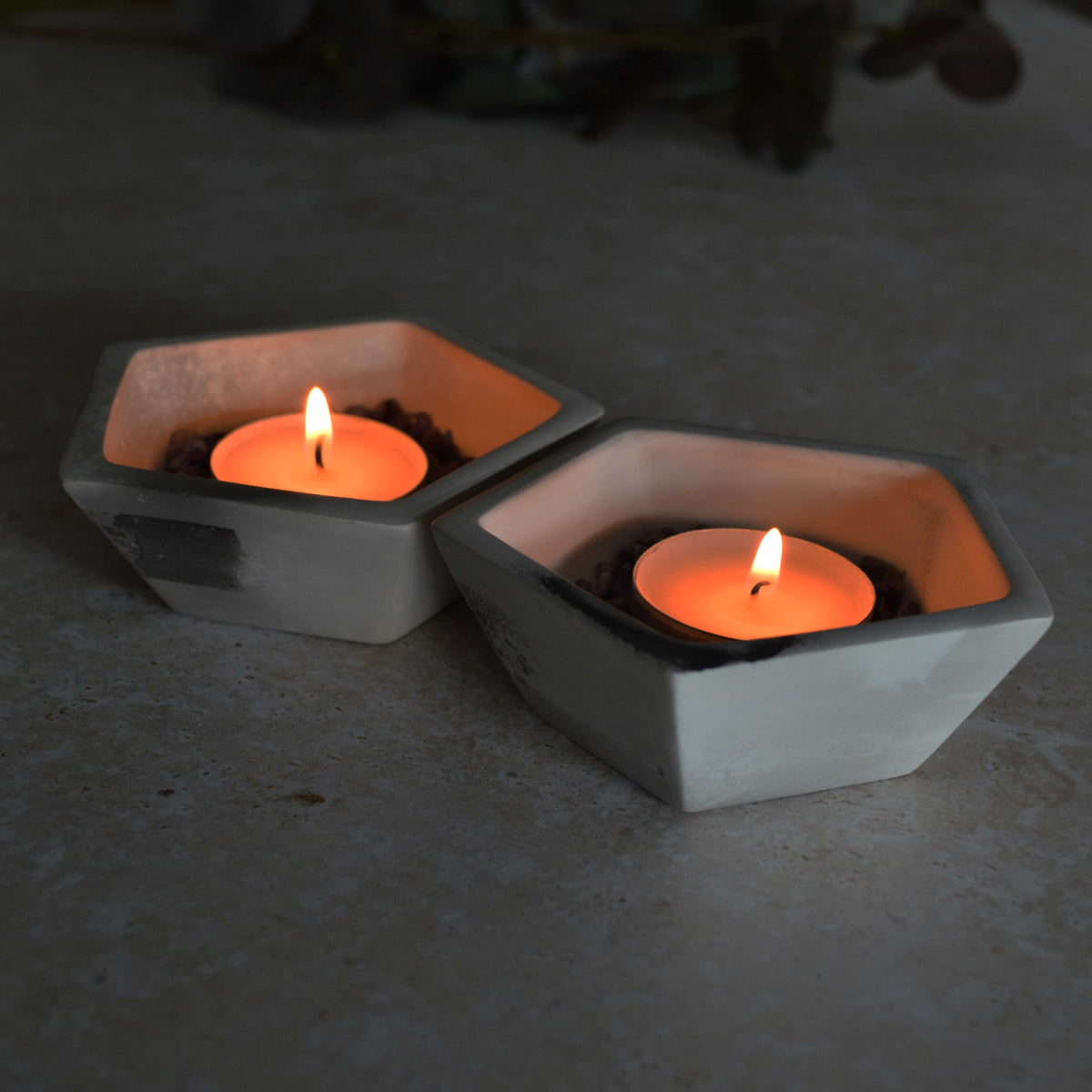 A Pair of Smoke Fired Tea Light Holders with Small Amethyst Crystals | Smoke Fired | Porcelain
