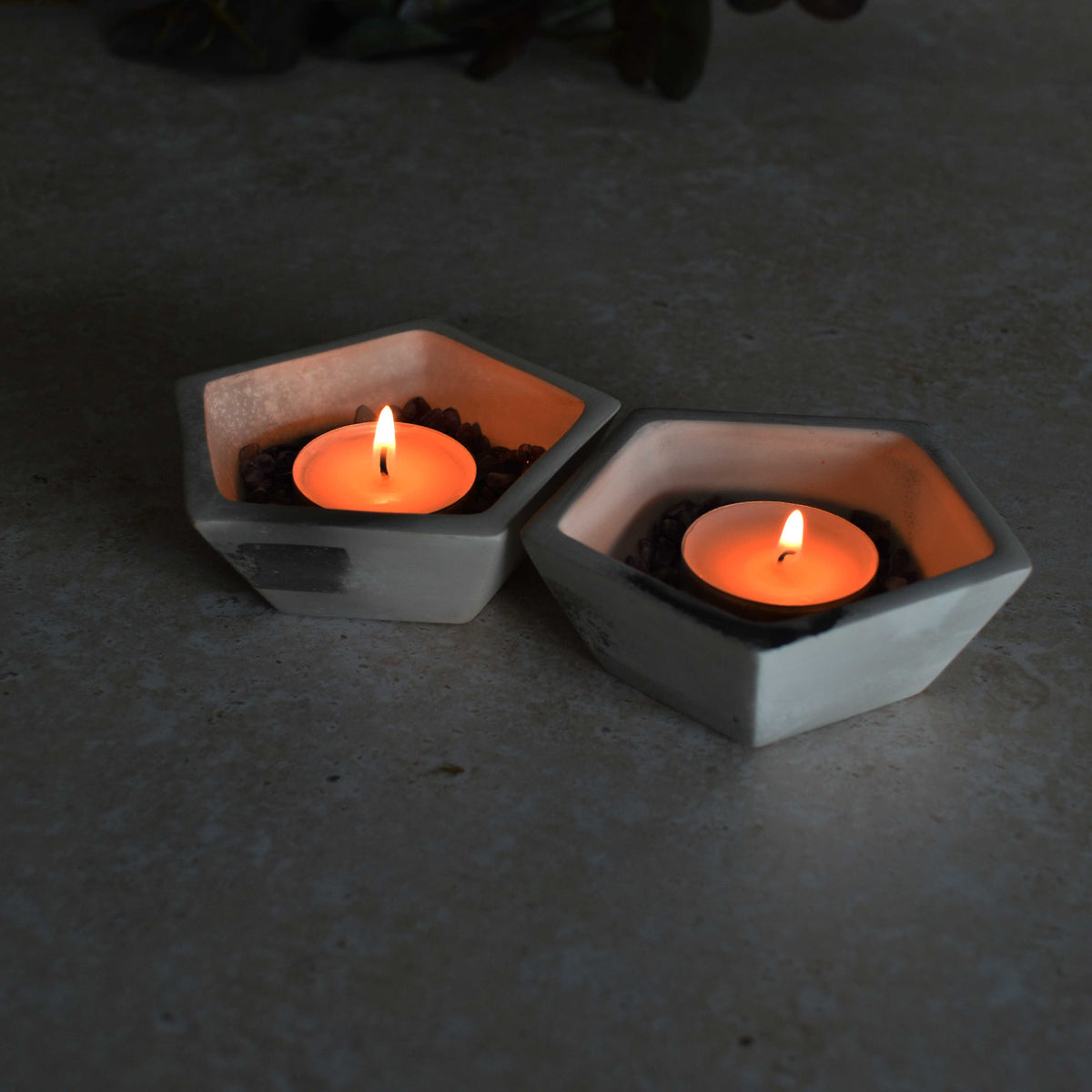 A Pair of Smoke Fired Tea Light Holders with Small Amethyst Crystals | Smoke Fired | Porcelain