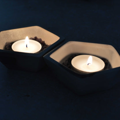 A Pair of Smoke Fired Tea Light Holders with Small Amethyst Crystals | Smoke Fired | Porcelain