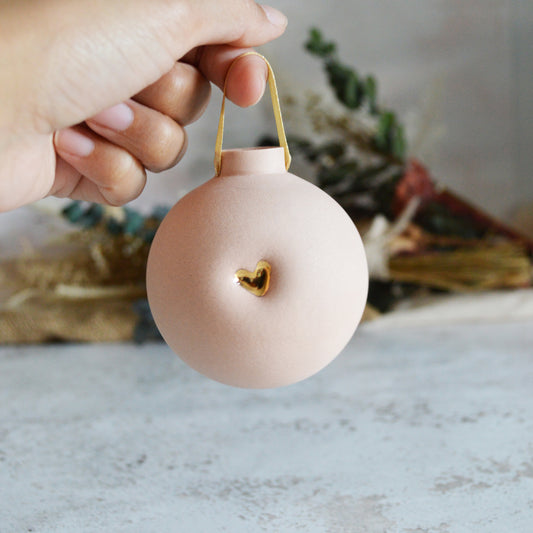 Large Pastel Bauble With A Gold Heart | Stoneware | Hanging Christmas Decorations | Christmas Tree Decor