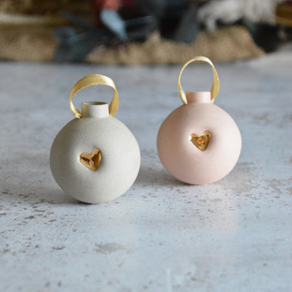 Small Pastel Bauble With A Gold Heart | Stoneware | Hanging Christmas Decorations | Christmas Tree Decor
