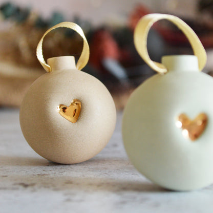 Small Pastel Bauble With A Gold Heart | Stoneware | Hanging Christmas Decorations | Christmas Tree Decor