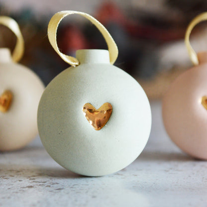 Small Pastel Bauble With A Gold Heart | Stoneware | Hanging Christmas Decorations | Christmas Tree Decor