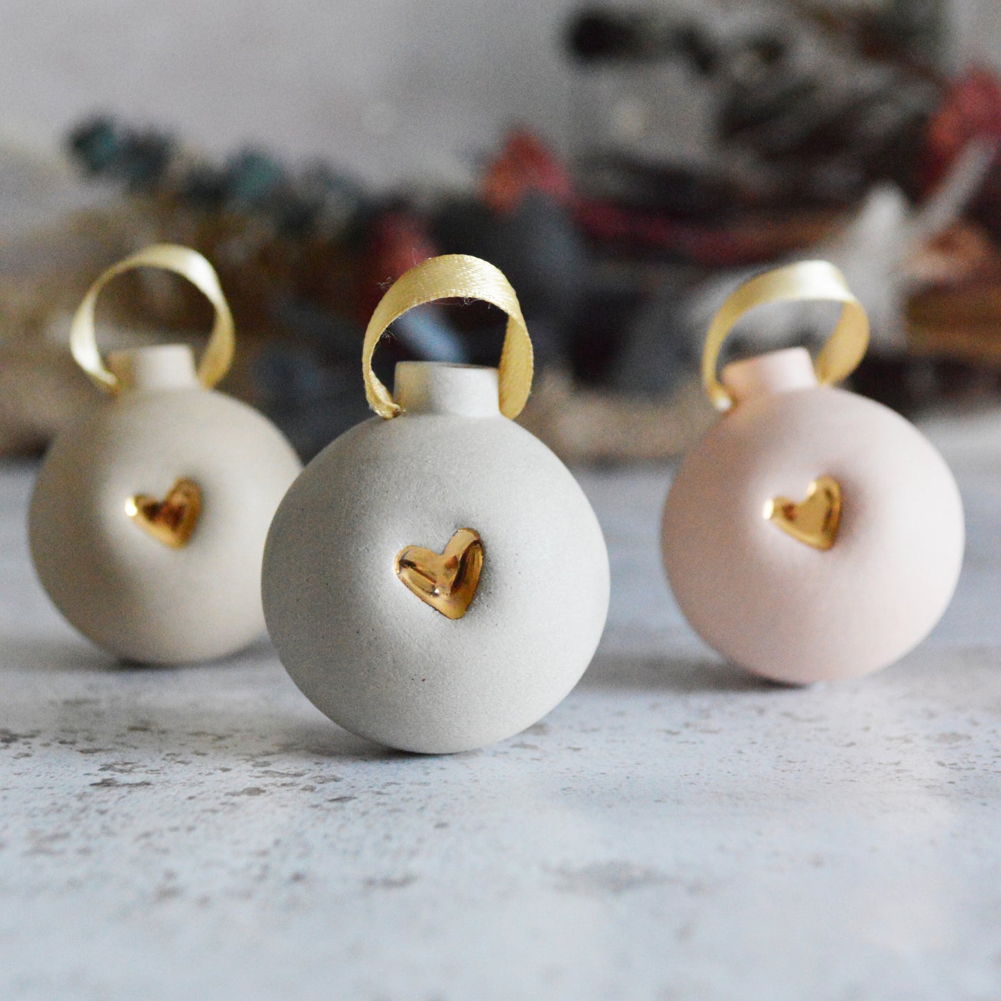 Small Pastel Bauble With A Gold Heart | Stoneware | Hanging Christmas Decorations | Christmas Tree Decor