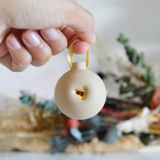 Second* BEIGE Small Pastel Bauble With A Gold Heart | Stoneware | Hanging Christmas Decorations | Christmas Tree Decor (B62)