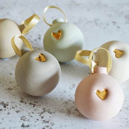 Small Pastel Bauble With A Gold Heart | Stoneware | Hanging Christmas Decorations | Christmas Tree Decor