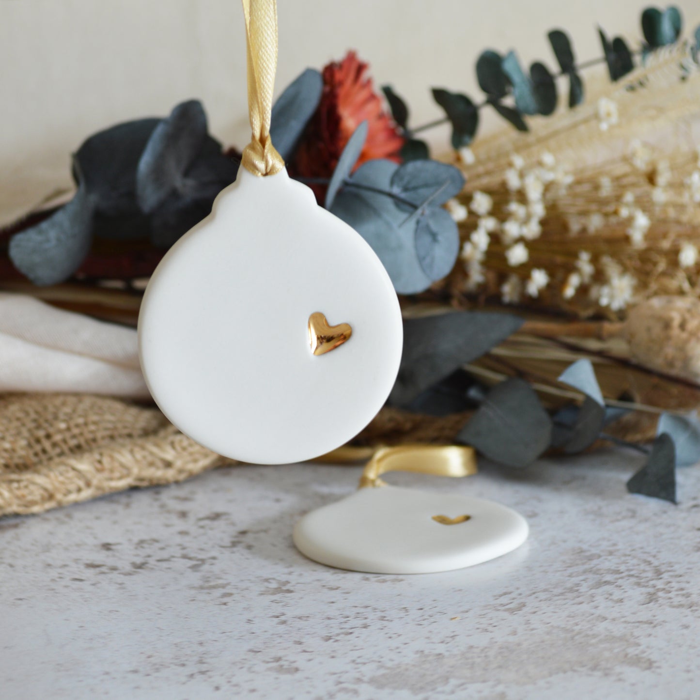 Flat Bauble Hanging Decoration With A Gold Heart | Porcelain | Hanging Christmas Decorations | Christmas Tree Decor