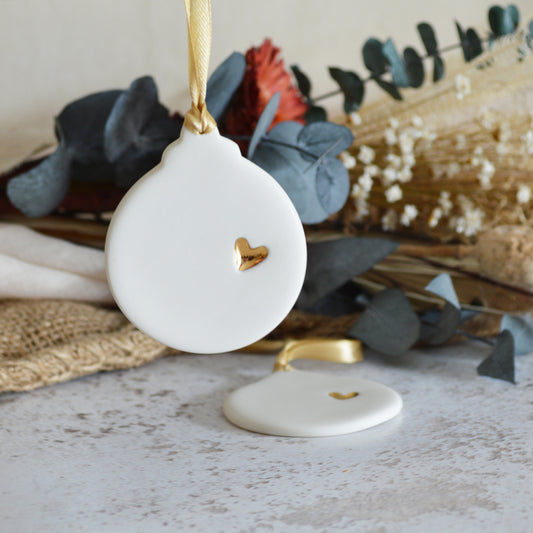Flat Bauble Hanging Decoration With A Gold Heart | Porcelain | Hanging Christmas Decorations | Christmas Tree Decor