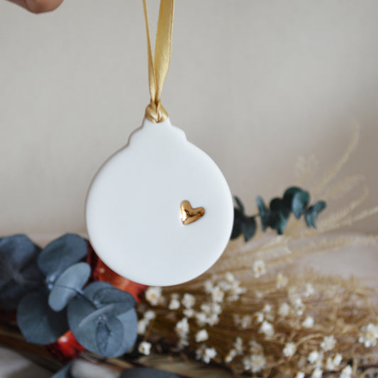 Flat Bauble Hanging Decoration With A Gold Heart | Porcelain | Hanging Christmas Decorations | Christmas Tree Decor