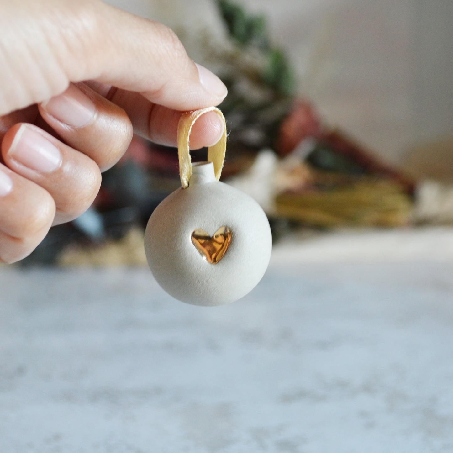 Seconds* GREY Mini Pastel Bauble With A Gold Heart | Stoneware | Hanging Christmas Decorations | Christmas Tree Decor (B75)